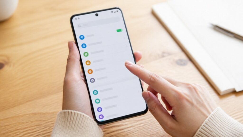 スマホの設定画面を指で操作する手元