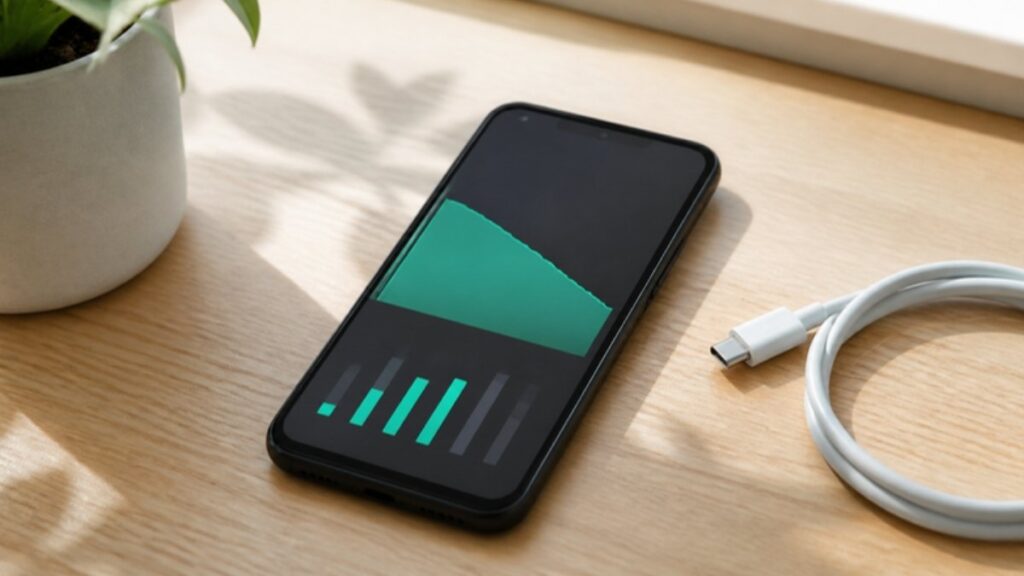 電池の使用状況のグラフを表示したスマホと充電ケーブル