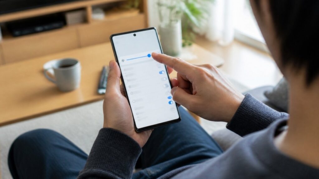 スマホの画面の明るさを調整する手元