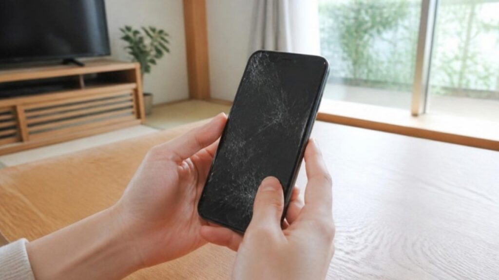 画面の割れたスマホを手に持っている様子