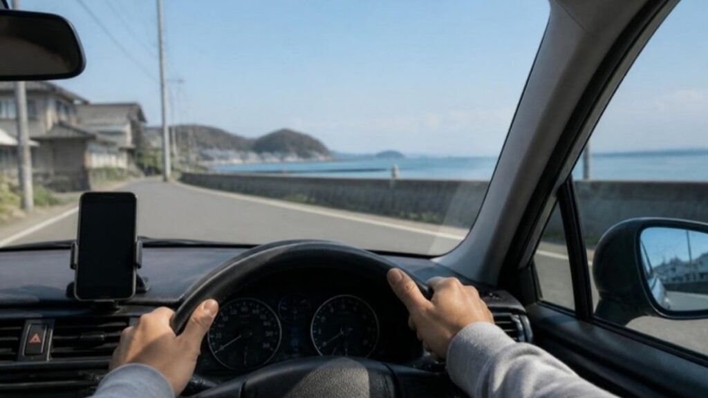海沿いの道を車で移動する様子