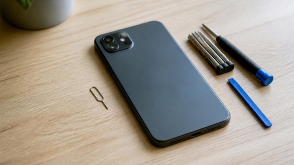 スマホとSIMピン、分解用の工具が並んだ机