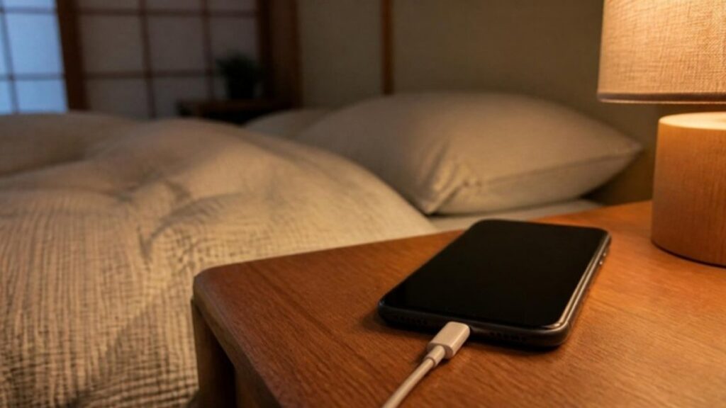 寝室のサイドテーブルで充電中のスマホ