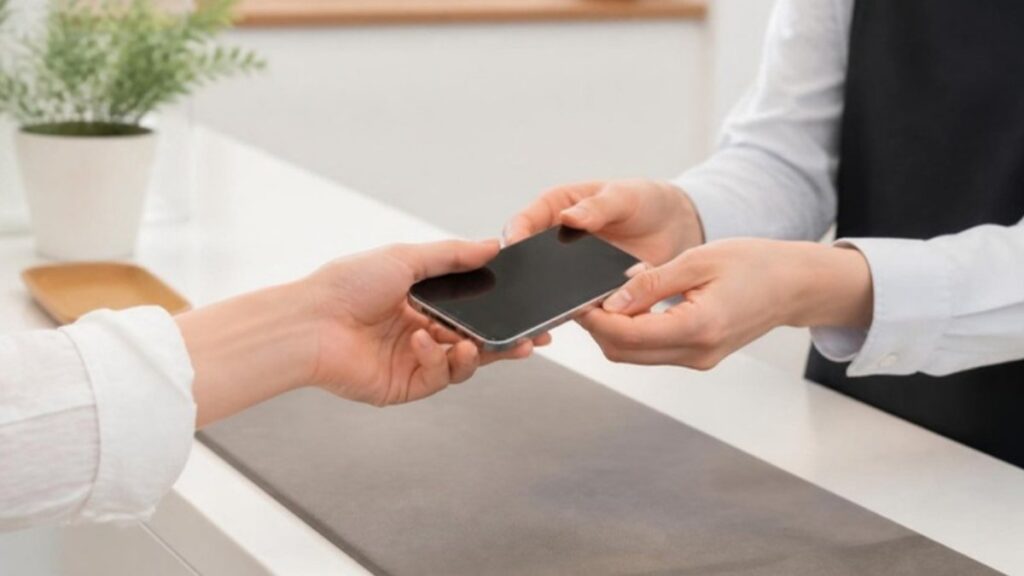 修理店のカウンターでスマホを預ける様子
