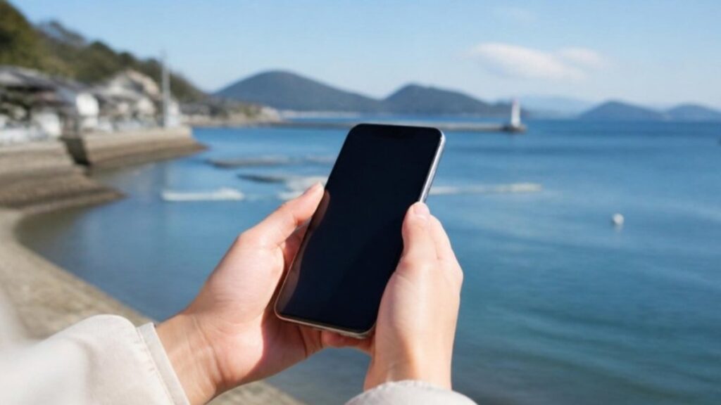 海辺で直ったスマホを手に持つ様子