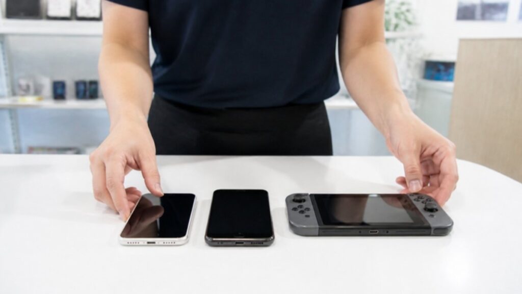 修理店のカウンターに並べたiPhone・Androidスマホ・携帯ゲーム機