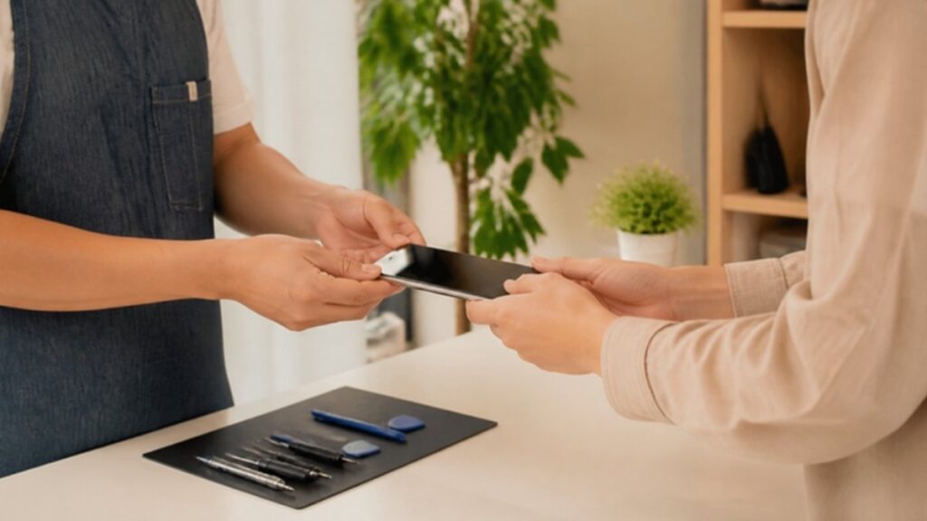 修理店のカウンターでスマホを受け渡す手元