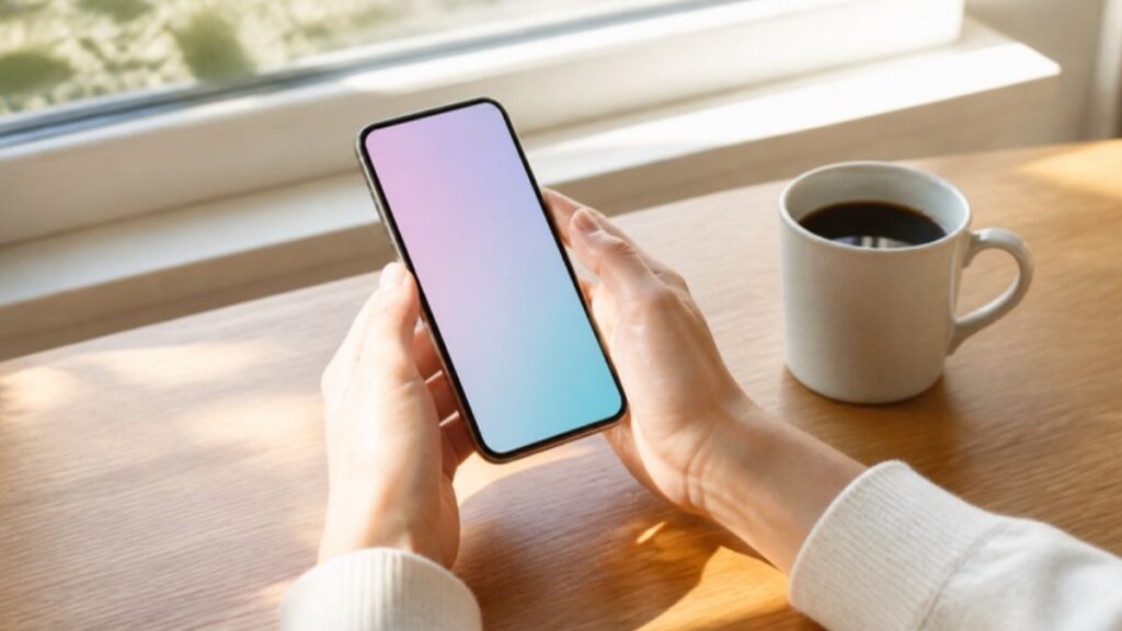 窓辺で修理を終えたスマホを持つ手元