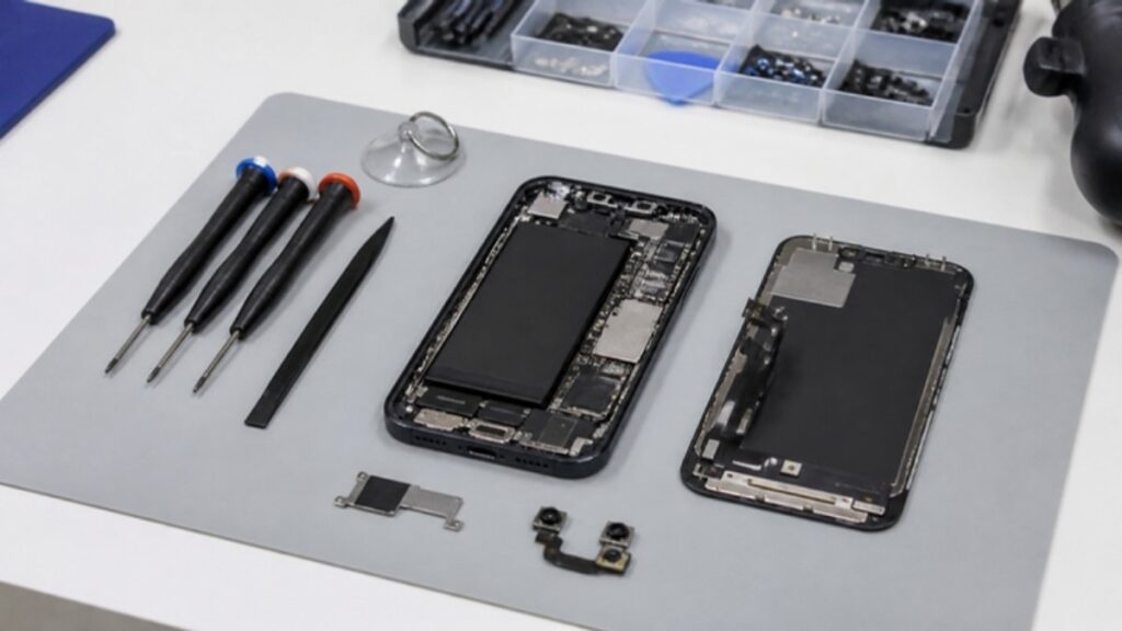 分解したiPhoneの部品と修理用の工具