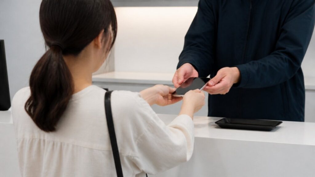 修理店の受付でiPhoneを預ける人