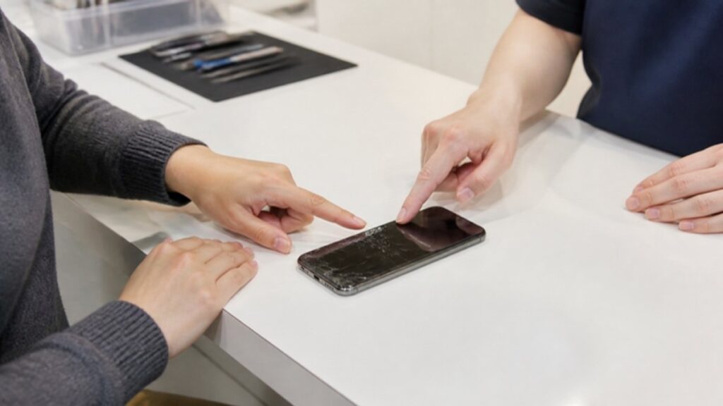修理店のカウンターでiPhoneを指して説明を受ける場面