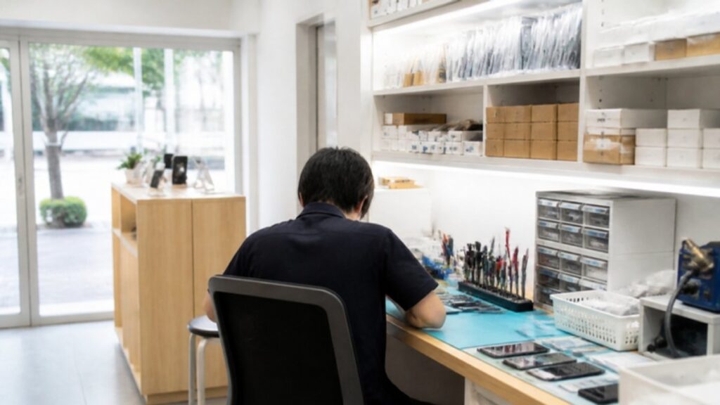 修理店の作業台で作業するスタッフ