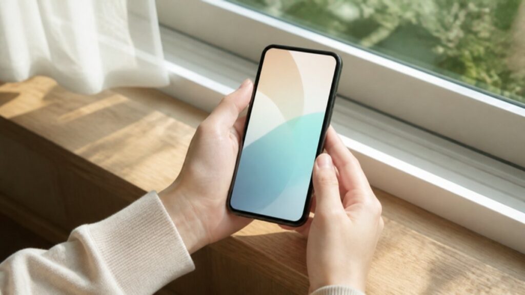 窓辺でiPhoneを手に持つ人