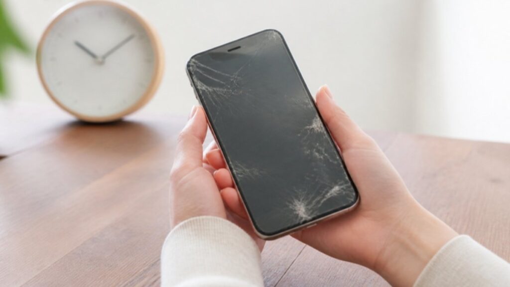 画面が割れたスマホを持つ手