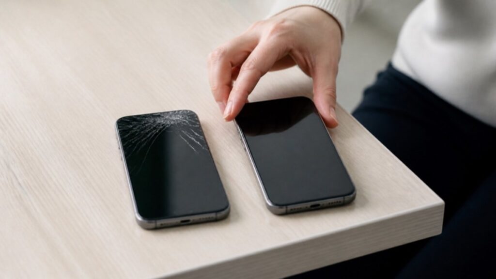 机に並べた2台のスマホと代替機に手を伸ばす様子