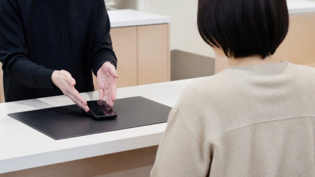 修理店のカウンターでスタッフと話す人の後ろ姿