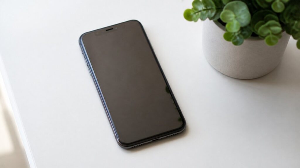 白い机に置いた修理後のスマホ